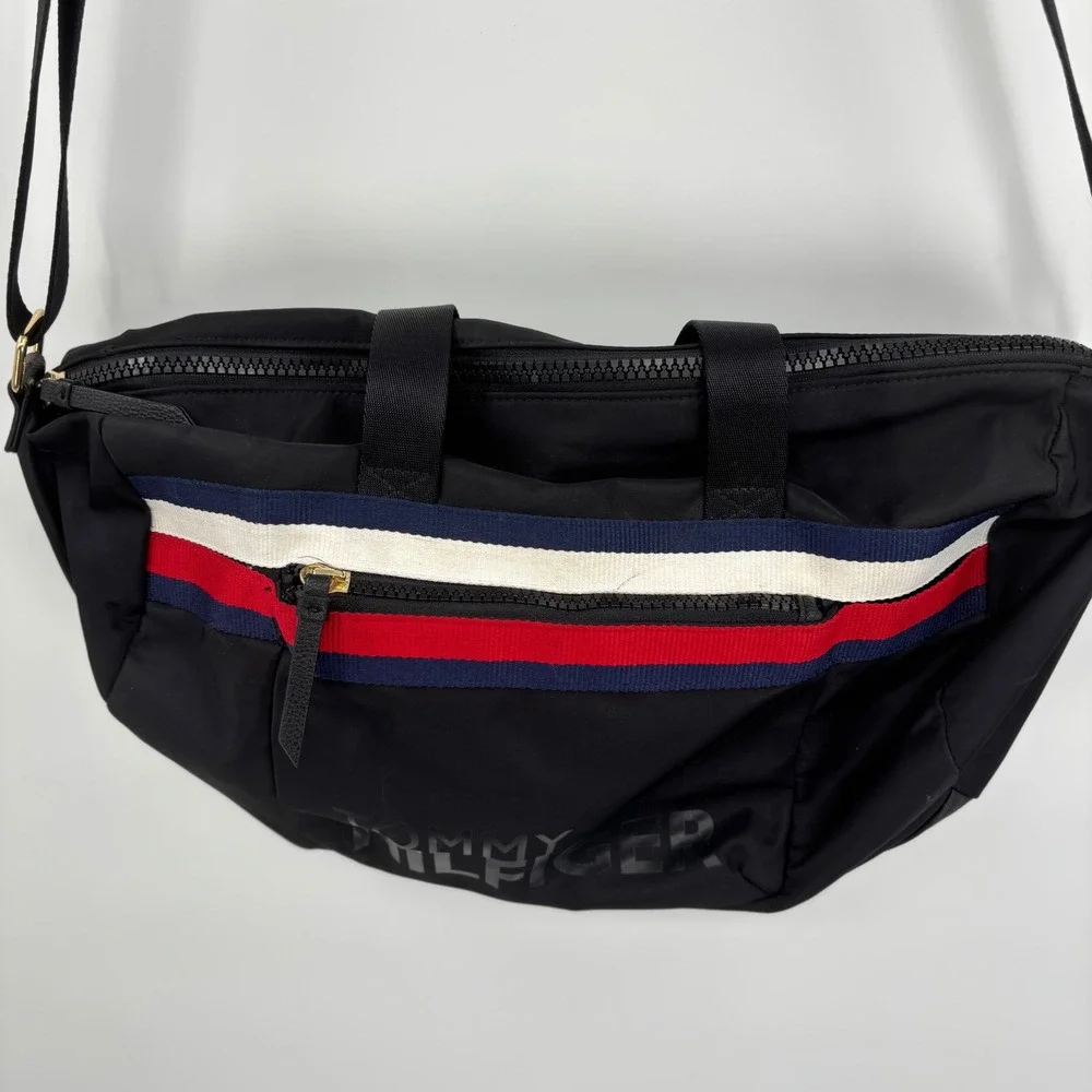 Tommy Hilfiger Black Nylon Messenger Crossbody Bag‎ Red White Blue Stripe Logo